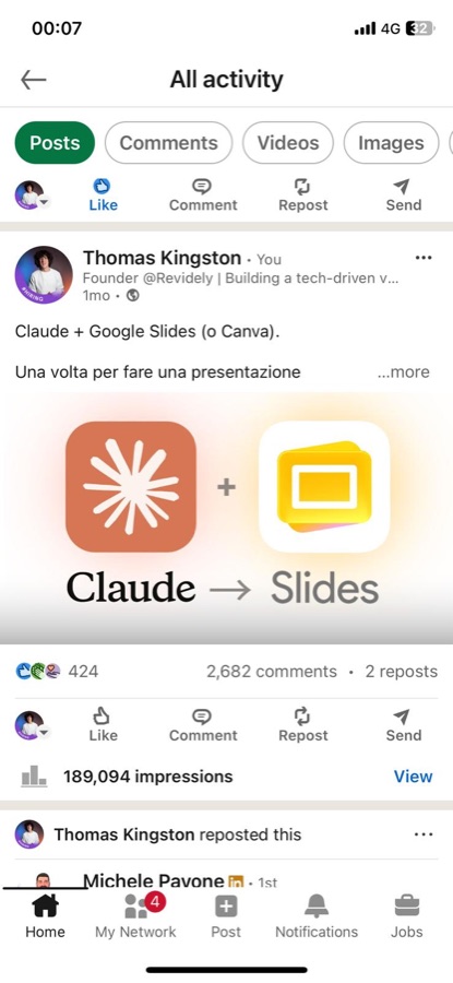 Post LinkedIn — Claude e Google Slides, 189.094 impression