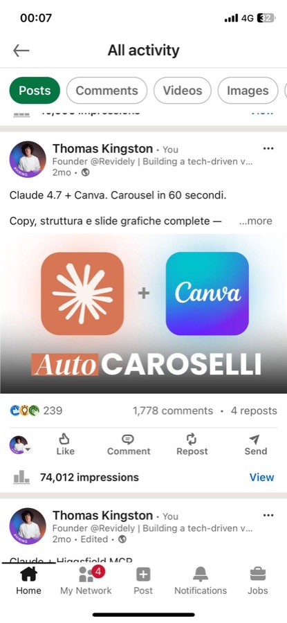 Post LinkedIn — Auto Caroselli con Claude 4.7 e Canva, 74.012 impression