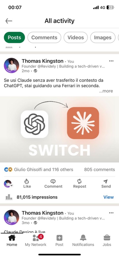 Post LinkedIn — Switch da ChatGPT a Claude, 81.015 impression